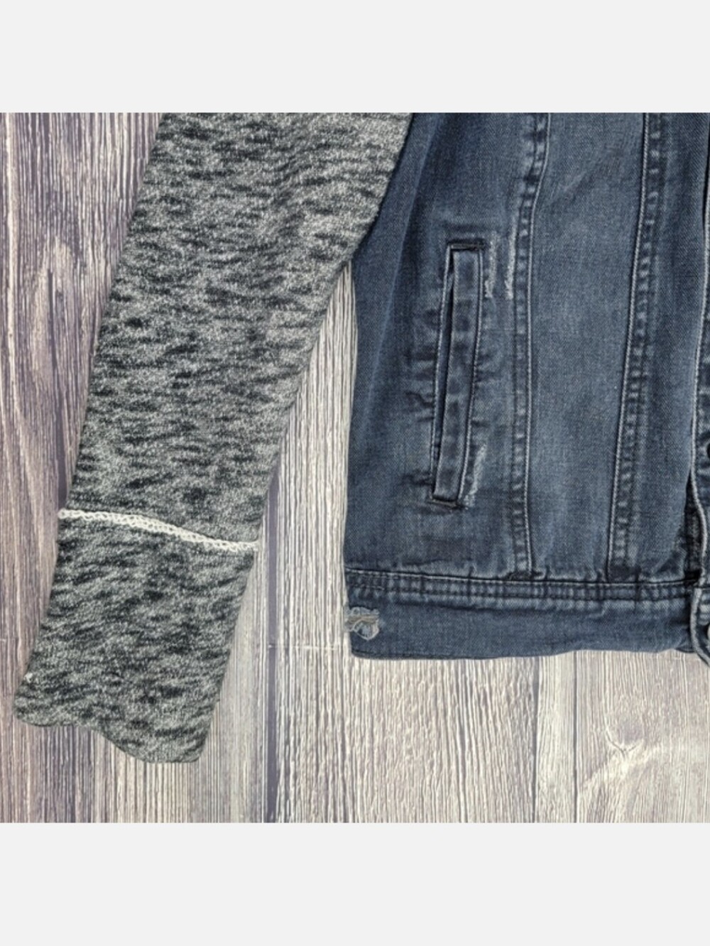 Free People Distressed Denim Jacket With Knit Sleeves and Hood - Picture 5 of 11